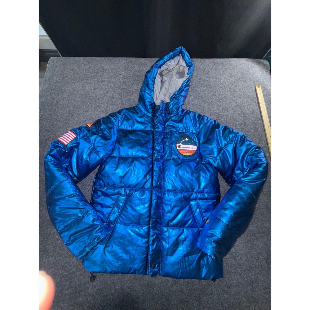 Champion Mens Metallic Blue Space Puffer Jacket Hooded NASA Style Padded Coat